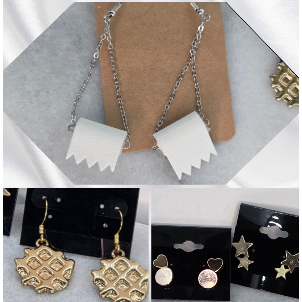 Earring Lot 6 Pairs Gold Tone Hearts Stars Waffle Faux Leather TP Dangle Chain